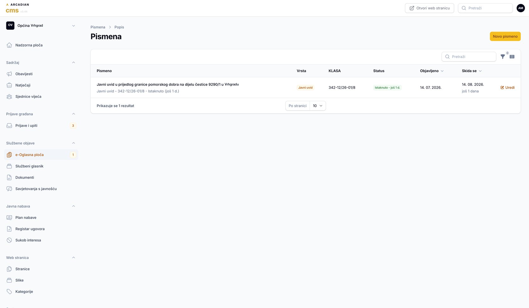 e-Oglasna ploča u Arcadian CMS-u