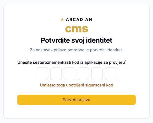 Prijava u Arcadian CMS s dvostrukom autentikacijom