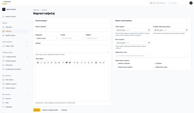 Obrazac za novi natječaj u Arcadian CMS-u