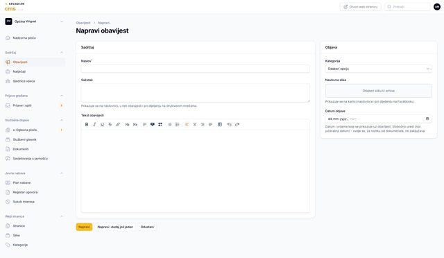 Obrazac za novu obavijest u Arcadian CMS-u