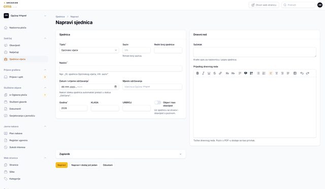 Obrazac za novu sjednicu u Arcadian CMS-u