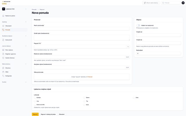 Obrazac za novu ponudu u Arcadian CMS-u, primjer ljekarne