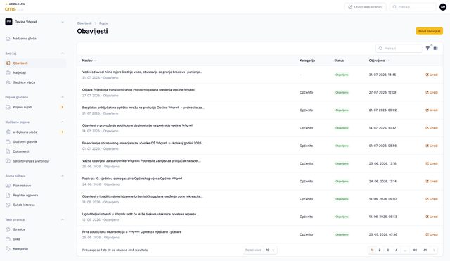 Popis obavijesti u Arcadian CMS-u
